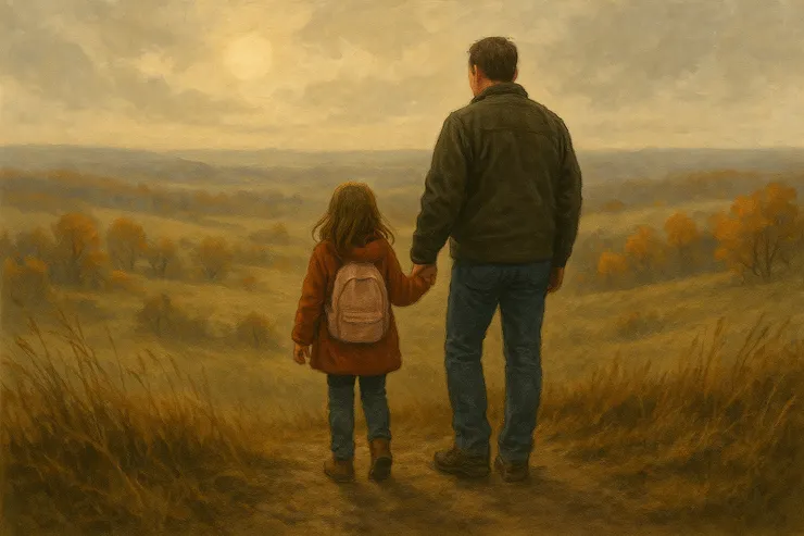 父女再登山丘，晨光為他們鍍上金邊。愛化作守候的星河。