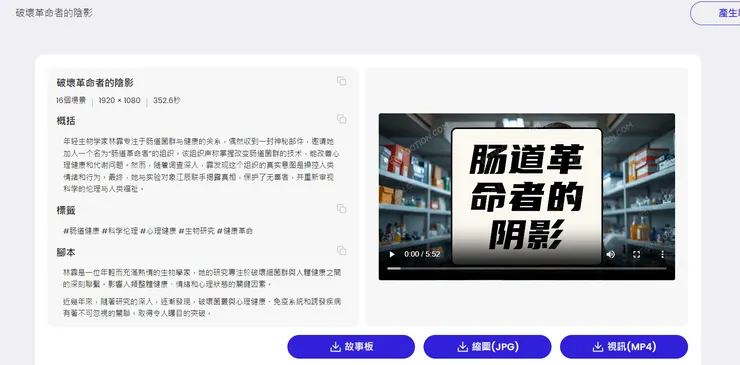 這裡可以觀看整體的影片，可以下載縮圖、影片、故事板(分鏡)