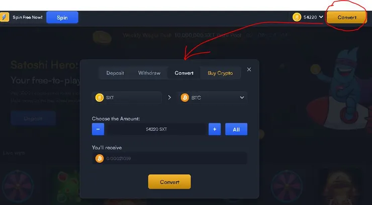 點右上角 [Convert] 可以將 SXT 轉為自己想要的虛擬幣再出金