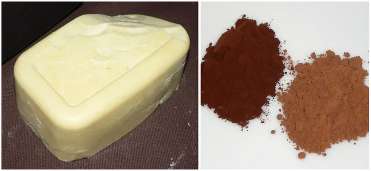可可脂 與 鹼化處理後的可可粉（深色） 天然可可（淺色）