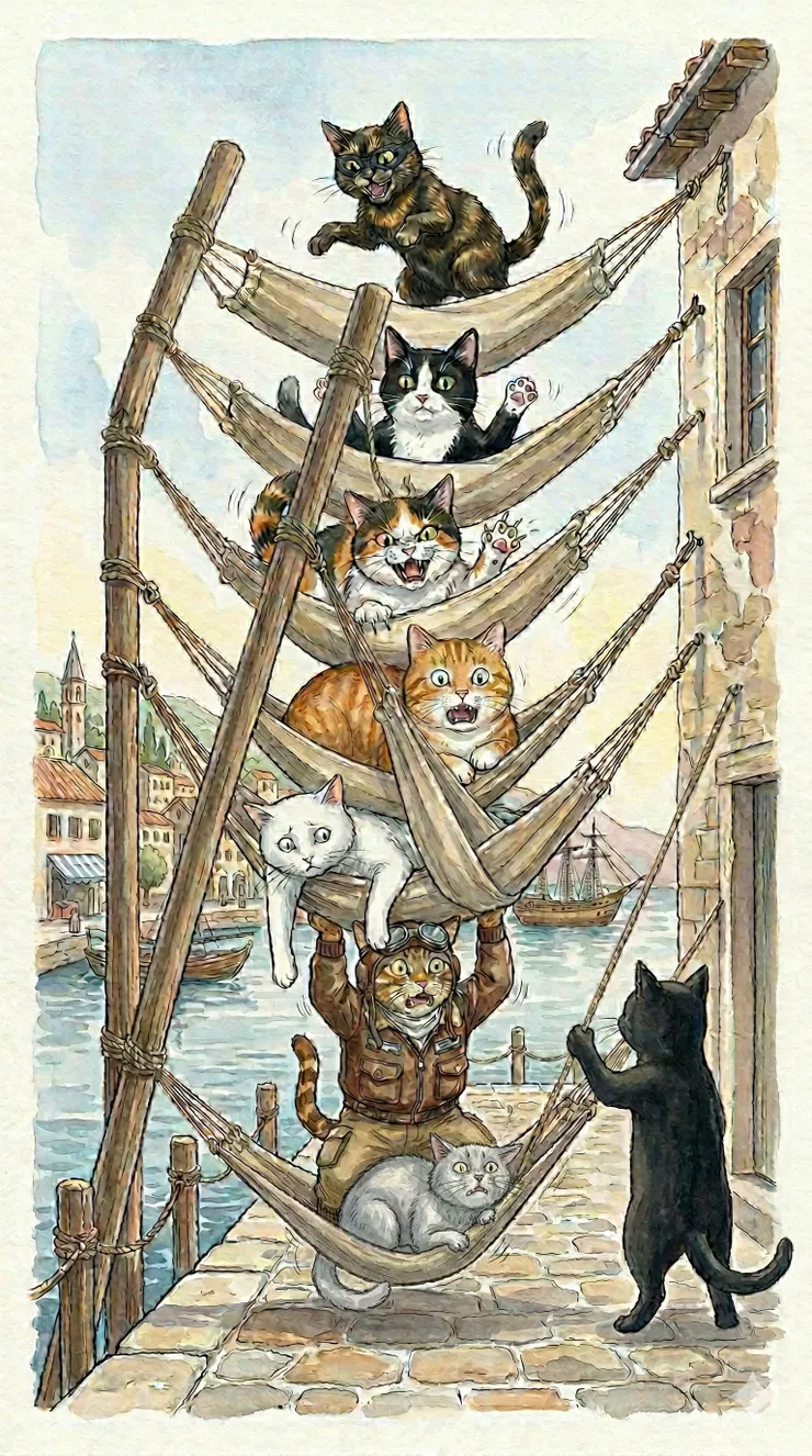 「八貓吊床」：你覺得吊床如果垮了會壓到哪隻貓？