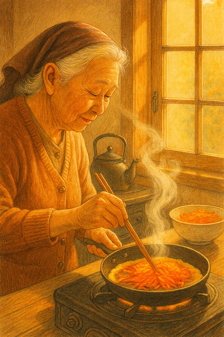 阿嬤在廚房裡煎紅蘿蔔烘蛋,鍋中升起蒸氣,木筷子攪動著蛋液,蛋邊微微泛金黃,氛圍帶有儀式感與溫暖。