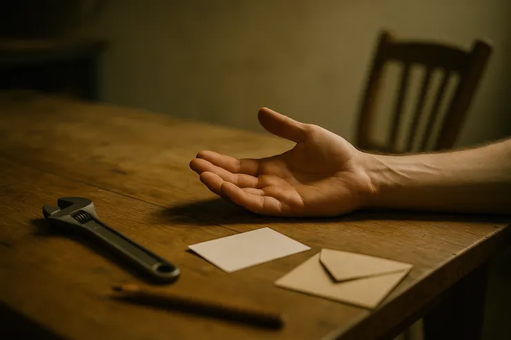 工作台邊，扳手退到畫外，掌心向上；第三張椅斜置等位。