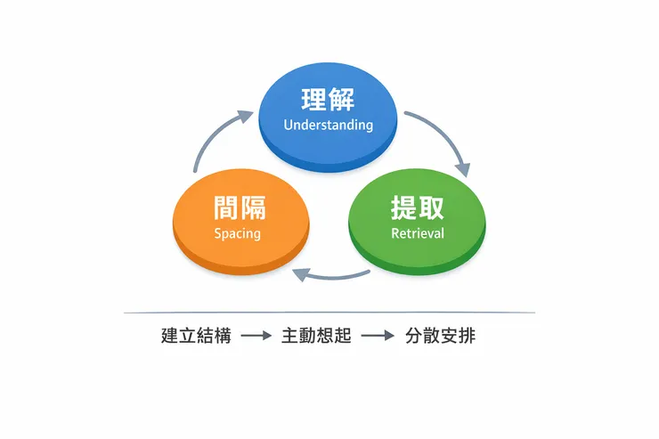 三機制模型（Understanding × Retrieval × Spacing）：建立結構 → 主動想起 → 分散安排，彼此往返強化。