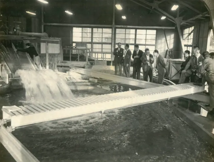 國內外專家於臺北水工試驗室視察石門水庫之溢洪道水工模型試驗。由石建會委託經濟部中央水利實驗處與 臺大合辦之「臺北水工試驗室」 ( 現為臺大水工試驗所 ) 辦理，模型比例尺為 1:60。