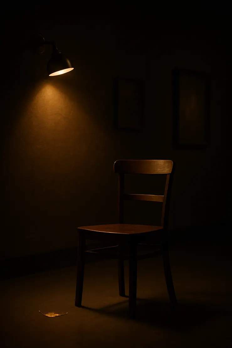 關燈的畫廊裡，單盞側燈照空椅與金葉殘光。 有人剛離開，也有人準備回來。
