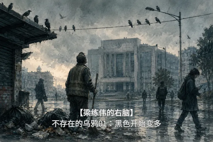 清晨城市广场上，市府大楼前有被啄破的垃圾袋，乌鸦停在电线与屋檐上，一名路人抬头注视