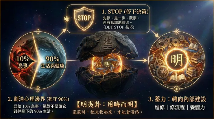 逆風時的行為導航圖。第一步先停下決策，避免在高喚起狀態做重大反應；第二步死守心理邊界，認賠那 10%，但守住剩下的 90%；第三步把精力轉向內部建設（進修｜修流程｜養體力），讓你下一次出手更精準。