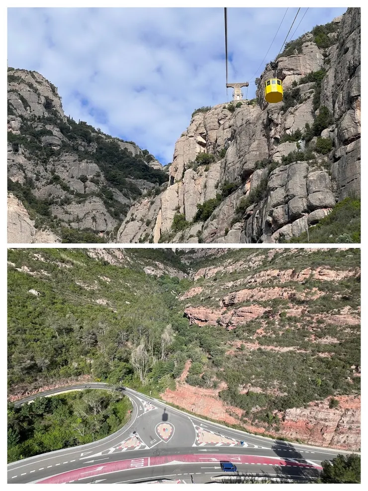 大纜車約6分鐘就到達修道院，俯瞰公路是汽車上下山的路徑。