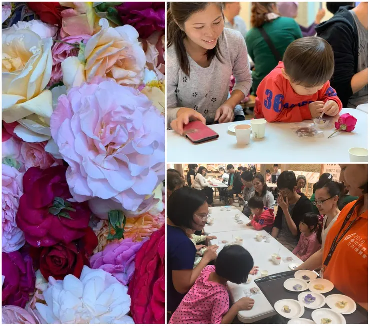 (左)古今玫瑰大匯集，繽紛花色造型萬人迷。(右)現場試吃活動剪影。