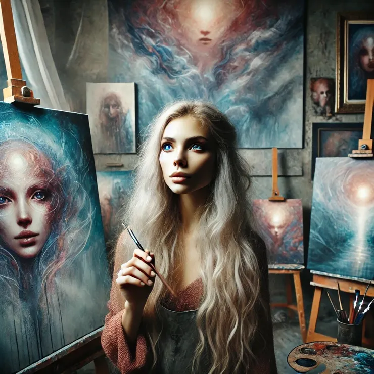 She began to paint, allowing her brush to move freely, blending colors and forms to create a visage that was both familiar and otherworldly.