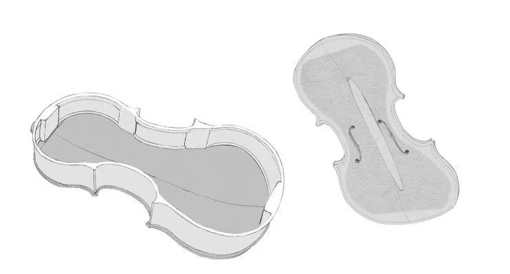 這張圖展示了拆下來後的小提琴內部結構（為求版面簡潔，我省略指板的部分）。當我們進行低音樑、角木塊、襯條修復，或是處理較為嚴重的面板和背板裂縫時，面板就需要被拆除來進行維修，這樣每個細節才能恢復到最佳狀態！（圖：感謝強者朋友哆啦提供！）