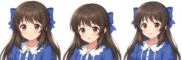 範例：特寫鏡頭。Prompt：amazing digital illustration, white background, anime, close-up shot, zzArisuTachibana, blue hair bow, sidelocks, blue dress, short sleeves, white collar, buttons