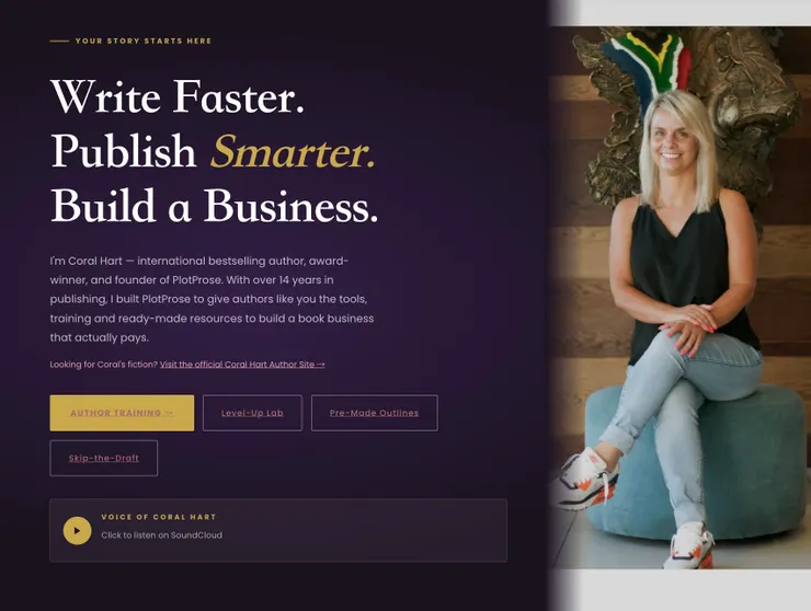 由 Coral Hart 創立的寫作教育平台「PlotProse」。其品牌訴求「寫得更快、出版得更聰明」，展現出將創作徹底商業化與效率化的核心理念。（圖／取自 Plotprose）