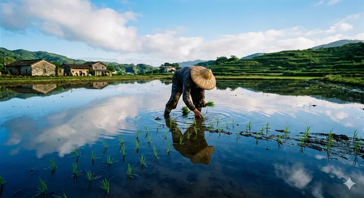 小片靜止的水田,倒映藍天與流雲。一個農夫在田中彎腰插秧。