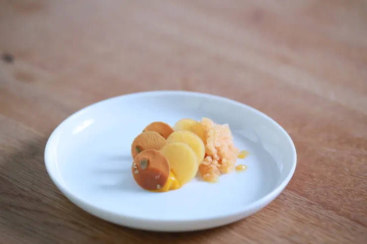 ⎝甜點套餐：Predessert（香草南瓜泥／柿子／濃縮柑橘冰沙），使用餐具：TG 白瓷圓盤