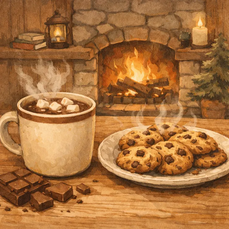 冬日小木屋，溫熱的熱巧克力可可與剛烘烤好新鮮又美味的餅乾。〈本插圖示意圖由AI協助生成。〉