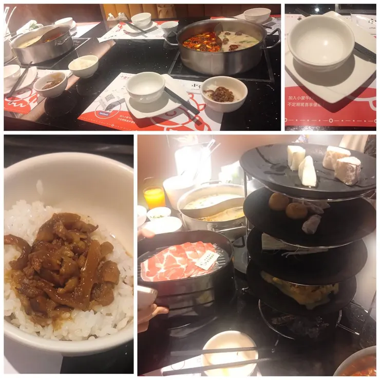 [上：一紅一白的湯底][左下：肉燥飯][右下：很多肉和很多火鍋料]