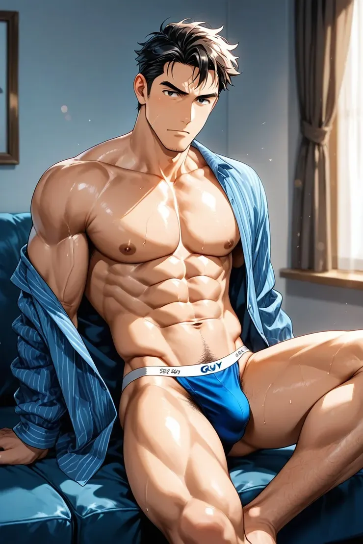 帥氣的直男表情嚴肅，襯衫半敞的坐在沙發上接受採訪......