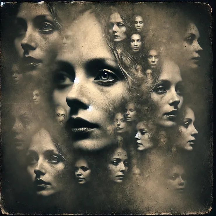 In her presence, faces from the past begin to take shape - blurred outlines and muted tones suggesting the lives they once led.