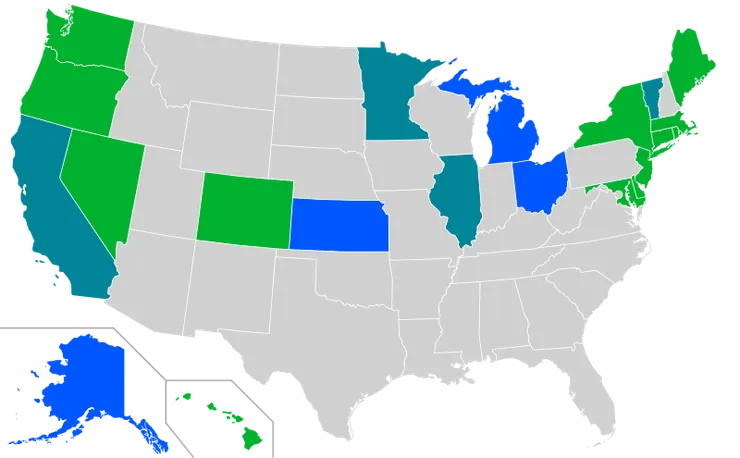 目前美國墮胎仍受保護的州。圖片取自維基百科