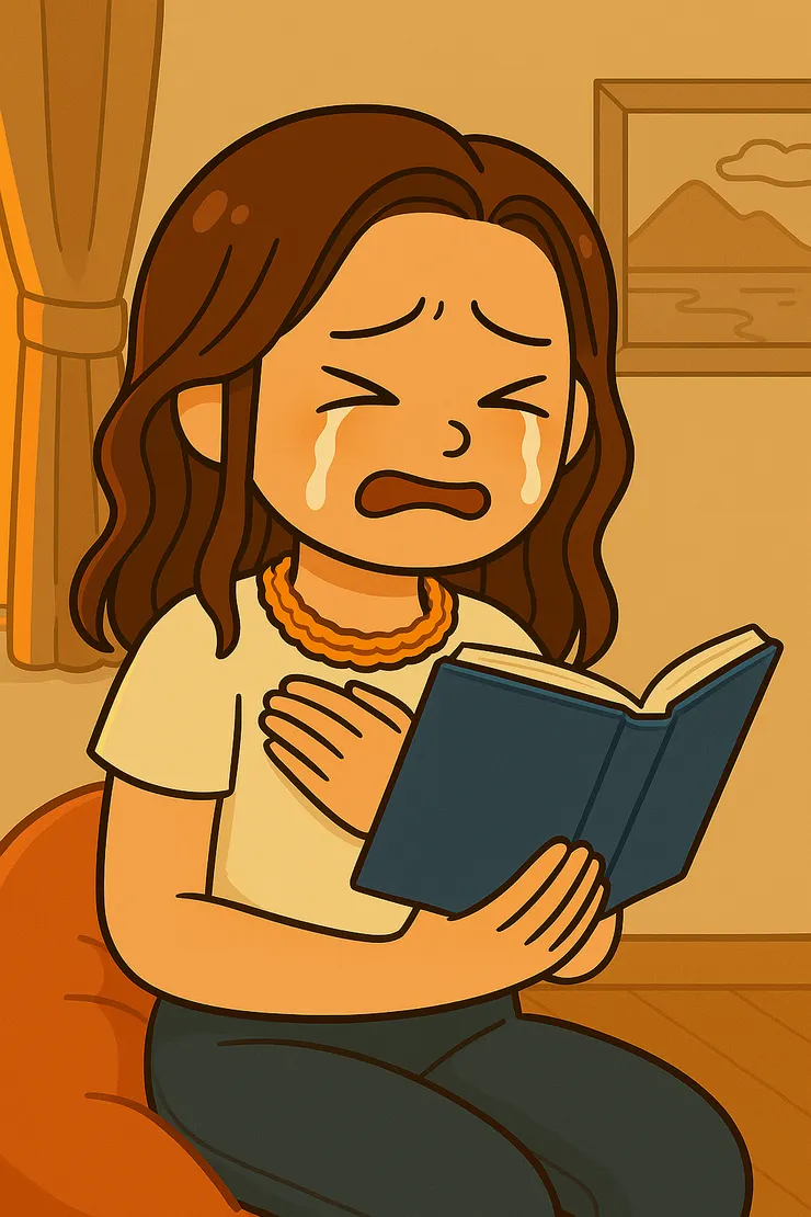 讀到鄧奶奶那段，我完全撐不住了。 尤其那句——「他其實沒有死，只是用另一種方式在這裡陪我。」 這句真的擊中我心。  眼淚像水庫洩洪一樣往下掉，害我只好一邊拍拍胸口、一邊深呼吸。 那畫面超像現在的我，哭得誇張，還要自己安撫自己，連桌上的水跟面紙都快不夠用了。  哭到最後我還忍不住笑自己： 「欸～這也太浮誇了吧！」🤣