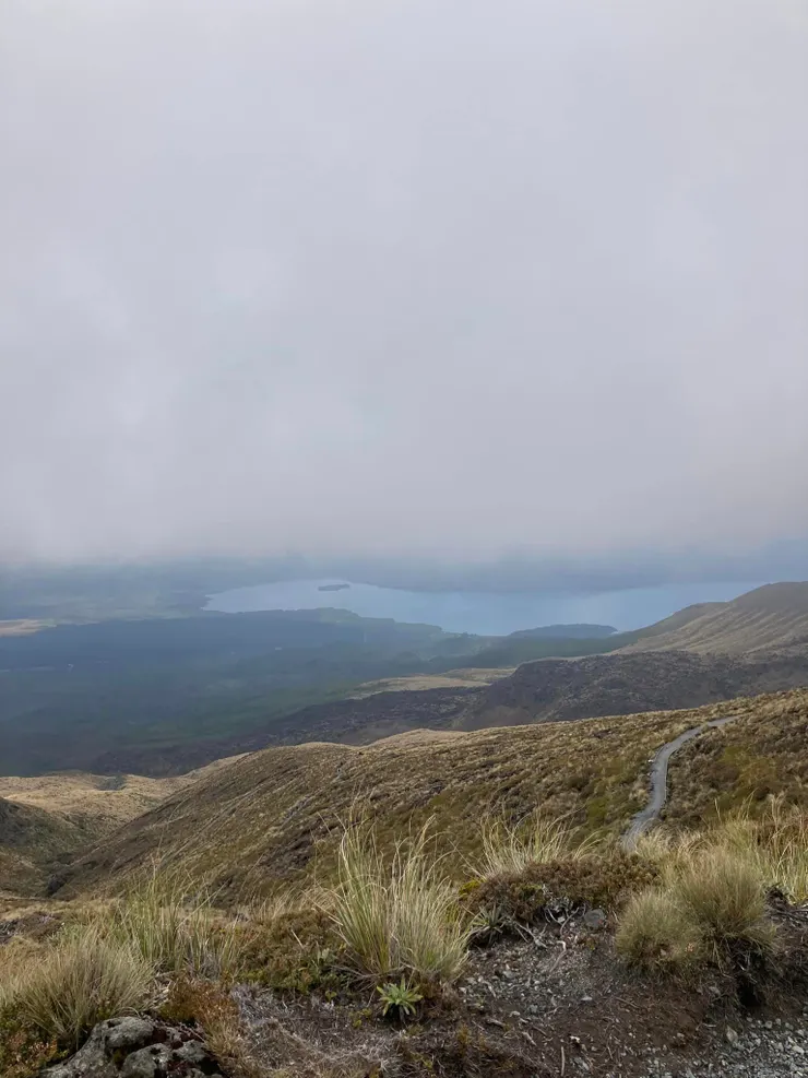 看著湖景下山 遠處的湖是Lake Rotoaira