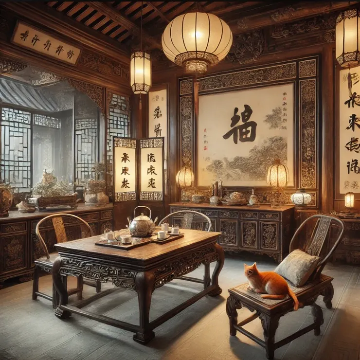 元辰宮中的書房。雕花木桌搭配著青花瓷茶具，以及牆上的書法掛畫，營造出寧靜且有書香氣息的氛圍，而我的柑罵公主則悠然地趴在椅子上休息。