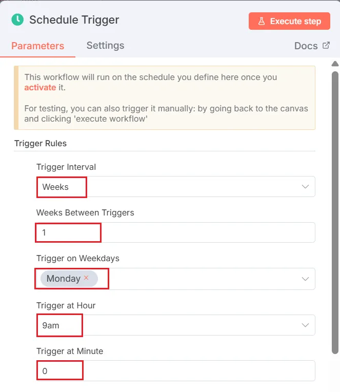 Schedule Trigger 節點設定畫面