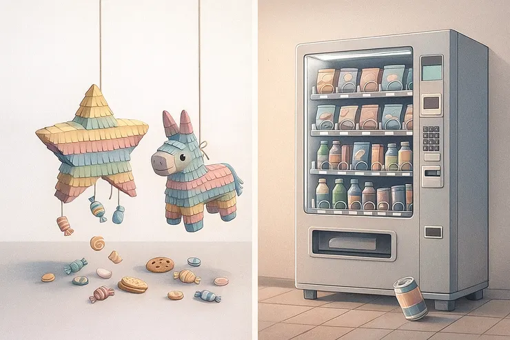 皮納塔與自動販賣機的並列之示意圖。（兩種時代的驚喜容器）〈本封面意象示意圖由AI協助生成。〉