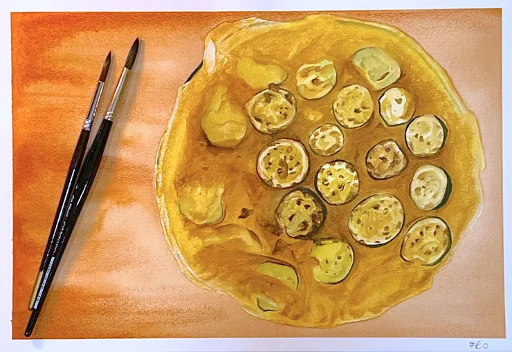 圖YH.CC@水彩練習 W60 櫛瓜煎蛋, 38x26 cm, MAY2024