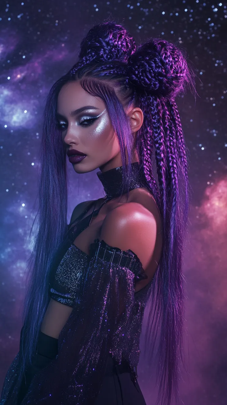 A woman with sleek, dark purple hair styled in braided space buns.