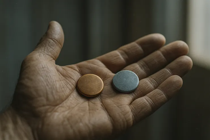 一隻粗糙的掌心托著銅與錫兩枚小釦，釦邊微裂、覆著細鹽霜。門後僅留一指寬薄光，像正要扣上的預告。