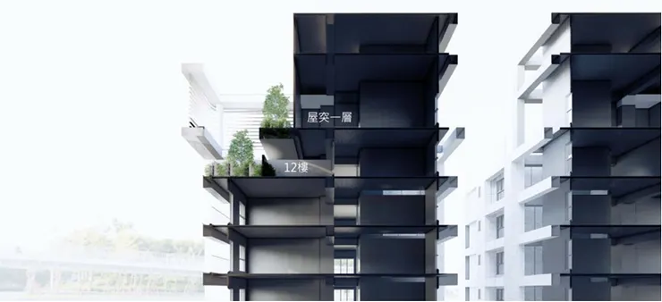 十二樓退縮的清幽秘境，隨之登高倚欄攬望賞盡府城東區繁華。（其綠植為示意圖，最終依實際施工為主）