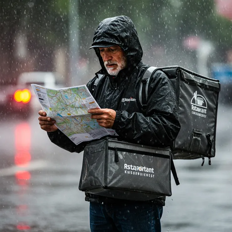 外送員在大雨中選擇最佳路線送餐，適應環境變化的重要性