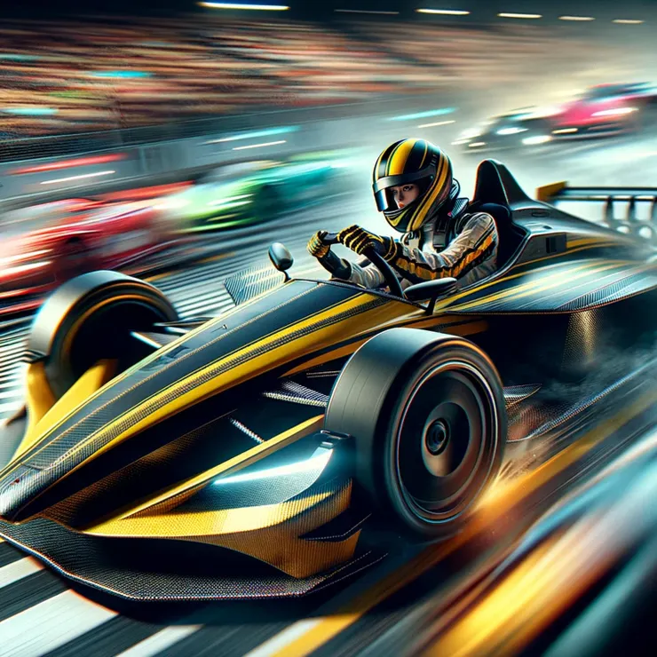 She is at the wheel of her iconic yellow and black race car, which is a blur on the race track, symbolizing her speed and the elusive nature of her presence. 