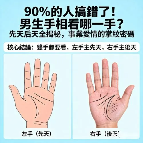 90%的人搞錯了！男生手相看哪一手？先天后天全揭秘，事業愛情的掌紋密碼