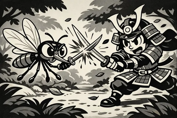 武士道大戰蚊子。圖由GPT所製。