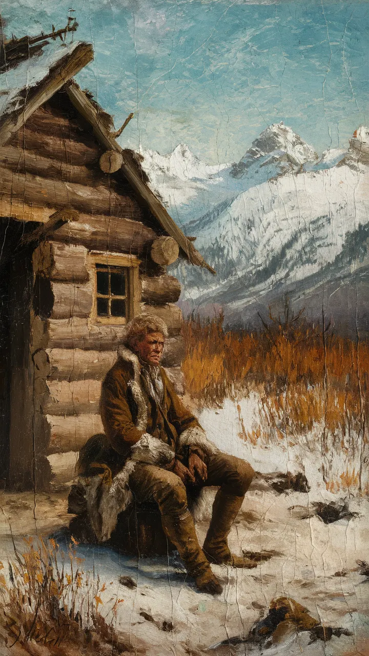 Impressionist oil on canvas. visible brush-strokes. 18th century fur trapper, mountains, log cabin