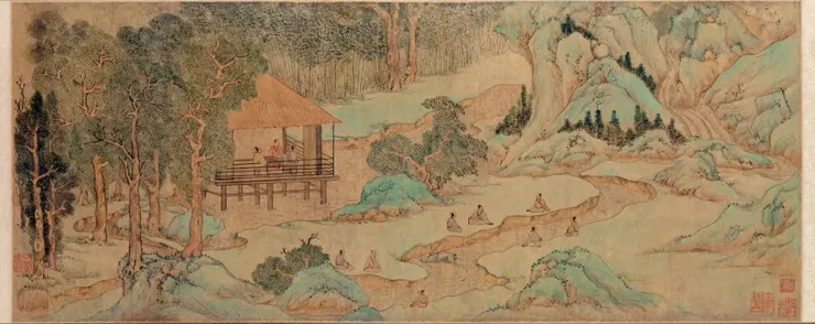 修禊原本是一個古老的消災祈福的儀式，後來竟成為文人雅聚的典範。圖為明代畫家文徵明版本的《蘭亭修禊圖》
