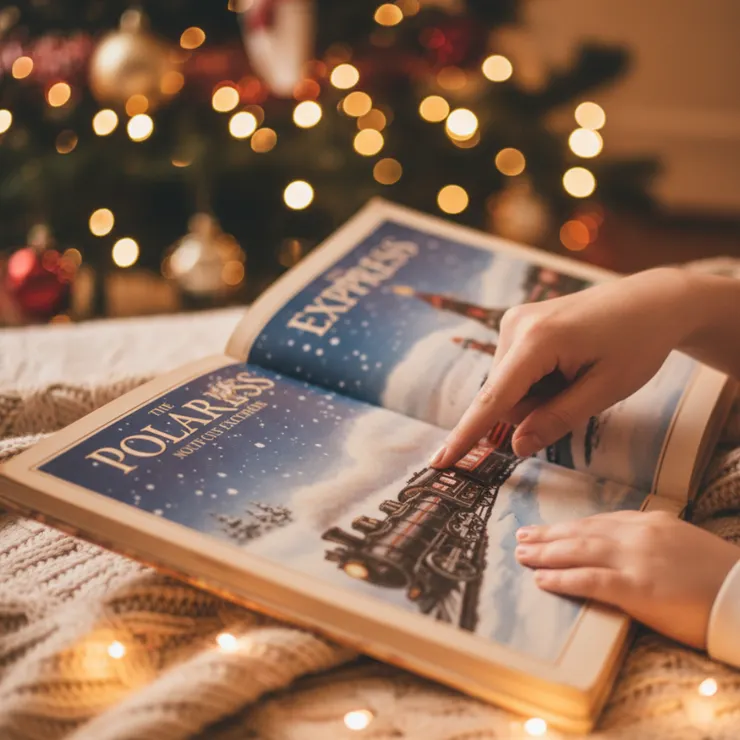 溫暖的暖黃光下,父母與孩子專注共讀聖誕繪本的特寫,象徵最有價值的聖誕節陪伴時間。