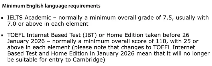 2026月1月26日起的托福成績無法用來申請劍橋大學。