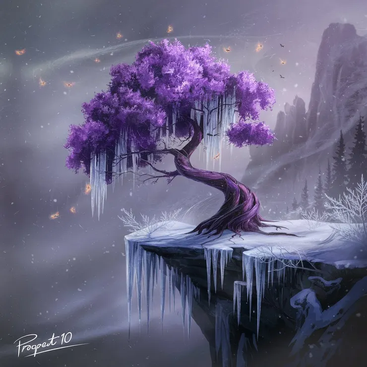 A surreal landscape with a vibrant purple tree growing on the edge of a snow-covered cliff. The tree has a twisted trunk, and its branches are adorned with long, sharp icicles that shimmer in the cold air. The background features a misty, mountainous landscape, adding depth and mystery. Soft, diffused lighting enhances the ethereal atmosphere, with glowing fireflies gently floating around the tree, casting a faint purple glow. Delicate frost patterns form intricate designs on the tree’s branches and icicles. A gentle snowfall fills the air, with large, fluffy snowflakes drifting down. At the bottom of the artwork, the signature reads "Project 10", subtly blending into the snowy terrain yet standing out as a mark of mystery and intrigue.