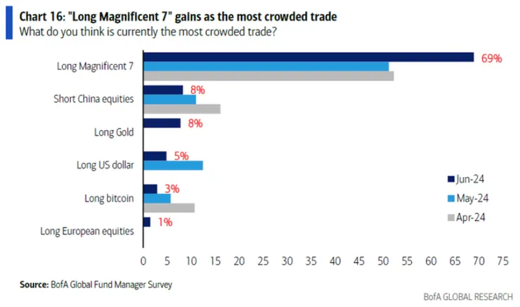 FMS 經理人高度認同 M7 已是市場嚴重擁擠交易　資料來源：BofA