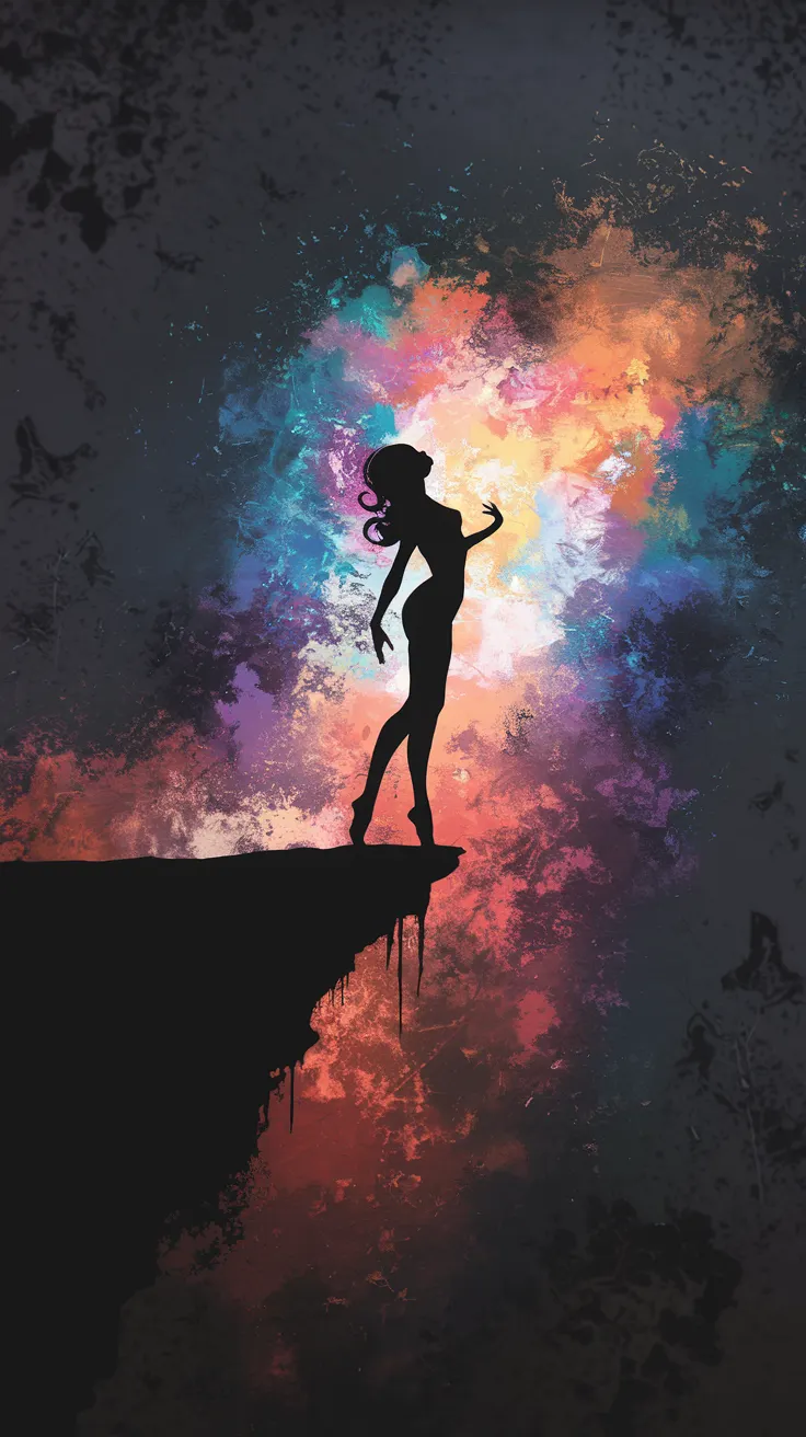 A captivating silhouette of a female figure, her enigmatic form elegantly poised at the edge of a vast, dark void. The silhouette is rendered with exquisite detail, casting a striking contrast against the subtly textured, minimalistic background that explodes with a kaleidoscope of rich, vibrant hues. This mesmerizing composition, while visually striking, also presents a thought-provoking narrative, inviting the viewer to contemplate themes of life, courage, and the unknown. The overall effect is a deeply resonating artistic statement that lingers in the mind, inspiring introspection and interpretation.