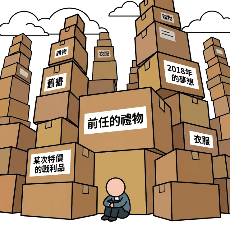 雜物不是散亂的，而是像城牆一樣整齊且沉重地合圍。這象徵著囤積者並非不愛整潔，而是正在親手建造一座隔離真實世界的地牢。