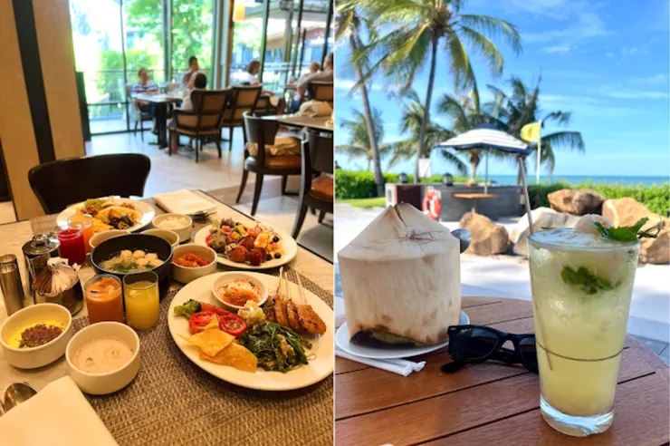 早餐自助餐可以吃到11點，一餐當兩餐吃，吃完去海邊躺著喝飲料