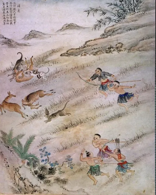 乾隆年間所繪製的番社采風圖，此圖的原住民正在追捕鹿群