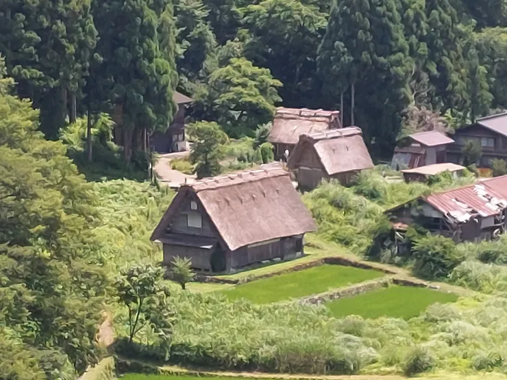從上往下俯瞰的合掌屋，但因為距離很遠，比例有放大，所以照片有點模糊