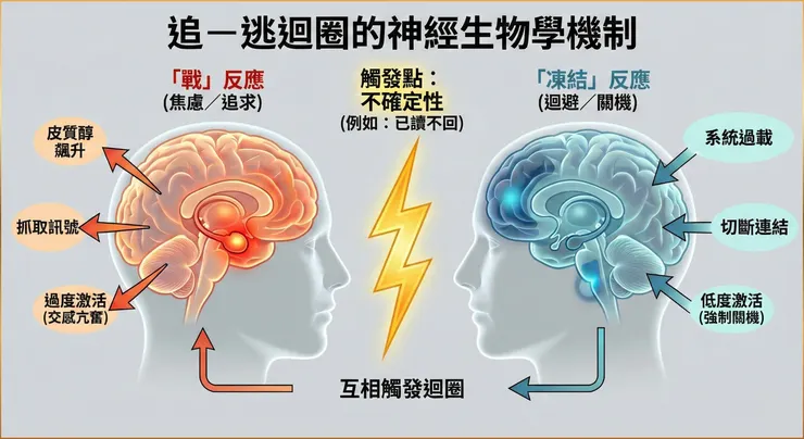 追—逃迴圈可理解為兩套壓力反應路徑的錯位：左側傾向「依附系統過度啟動」（更焦急、更想抓訊號），右側在過載時傾向「撤退／凍結式降載」。本圖參考多迷走神經理論（Porges, 2011）的描述框架，協助理解互動模式，非個別診斷。